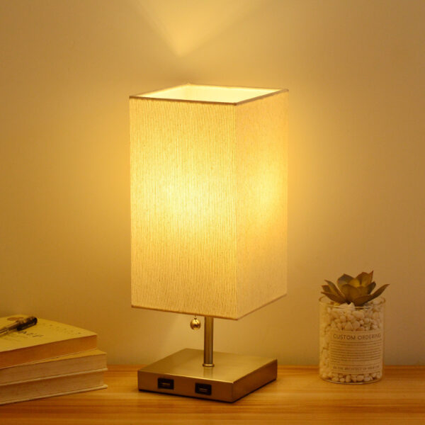 USB Table Lamp Bedside Night Light Solid Wood LED Desk Lamp Bedroom Night Light with Cloth Lampshade - Image 2