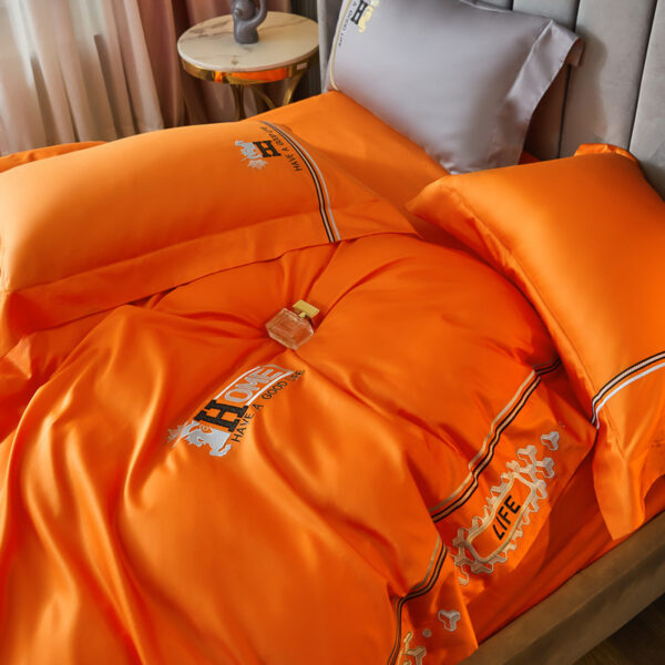 Cotton Embroidered Duvet Cover Cotton Model Room Orange Bedding - Image 5