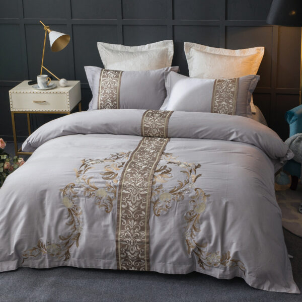 New Chinese Model Room Bedding, Light Luxury Cotton Embroidered Grey Series - Image 2