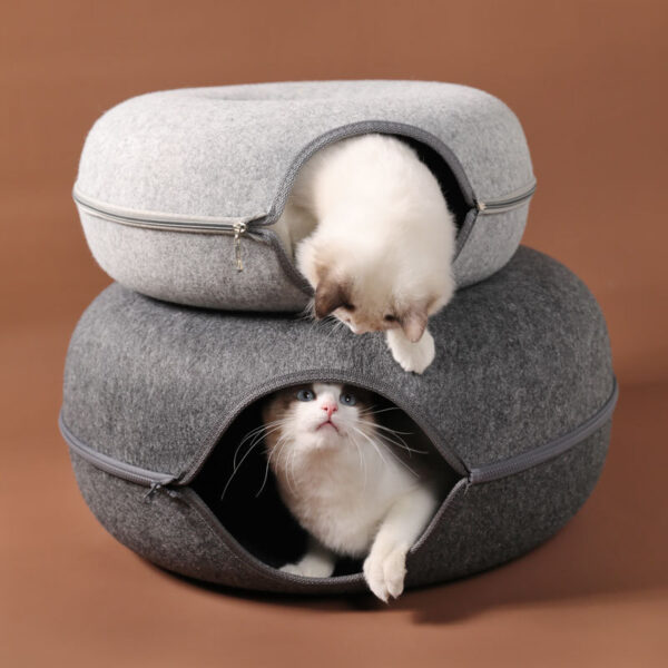 Four Seasons Available Cat Nest Round Woolen Felt Pet Dual-use Cat Nest Tunnel Interactive Training Toy Grey Felt Cat Nest - Image 2