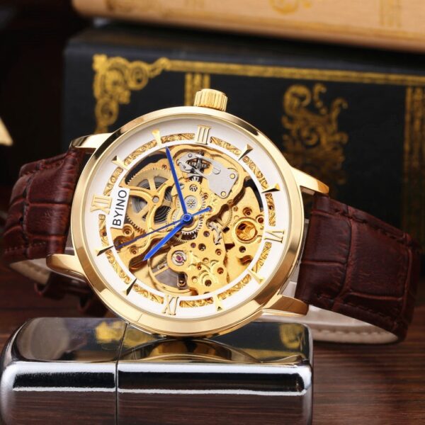 Authentic Mens Casual Leather Hollowing Automatic Mechanical Watches Through The End Of The Golden Youth Men's Wholesale Waterproof - Image 3