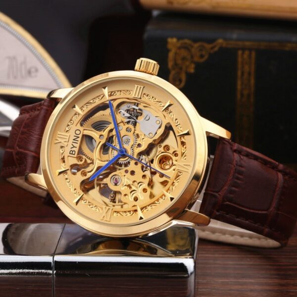Authentic Mens Casual Leather Hollowing Automatic Mechanical Watches Through The End Of The Golden Youth Men's Wholesale Waterproof - Image 4