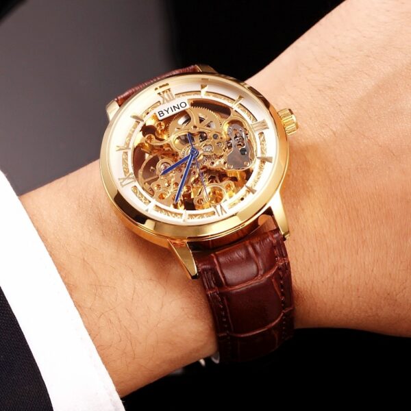 Authentic Mens Casual Leather Hollowing Automatic Mechanical Watches Through The End Of The Golden Youth Men's Wholesale Waterproof - Image 6