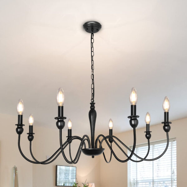 Candle Chandelier Dining Room Bend Tube Iron Art Light Fixture Black - Image 3