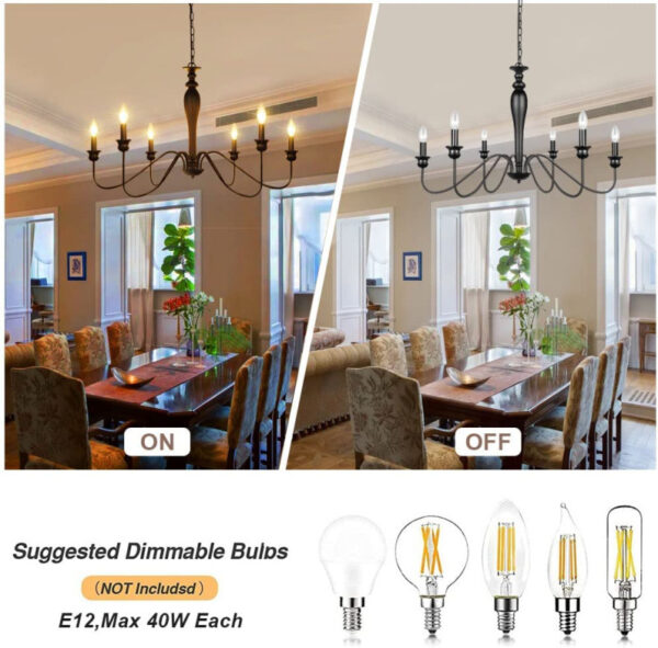 Candle Chandelier Dining Room Bend Tube Iron Art Light Fixture Black - Image 4