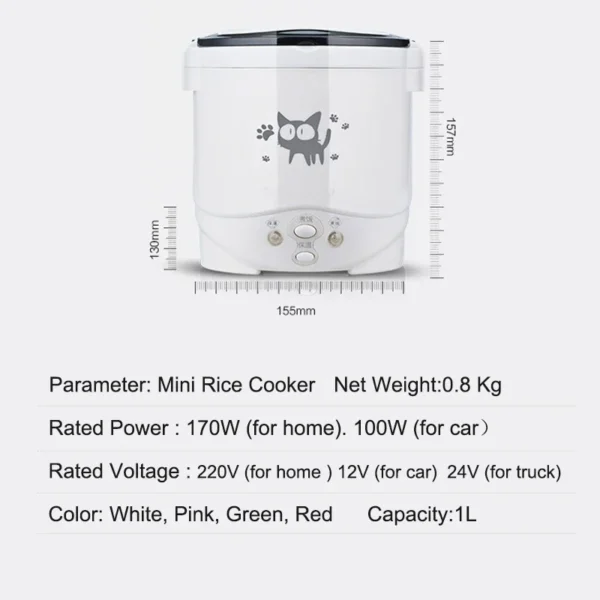 1L Car Mini Rice Cooker Multi-function Electric Water Food Heater Machine Lunch Box Warmer 2 Persons For Home Car SUV Truck - Image 5