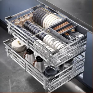 Stainless steel drawer type bowl basket Double-layer pulling blue storage kitchen cabinet Dish basket