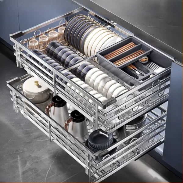 Stainless steel drawer type bowl basket Double-layer pulling blue storage kitchen cabinet Dish basket