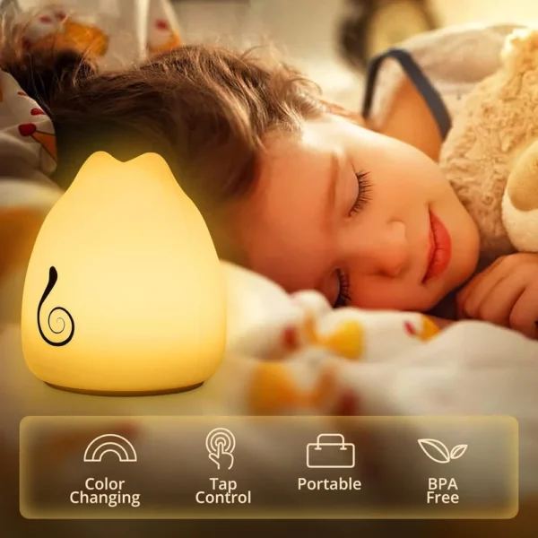 Cute Cat Night Light 7 Colors Silicone Nursery Cat Lamp for Kids Tap Control Energy Saving LED Lamp Cute Gifts for Girls Boys - Image 3