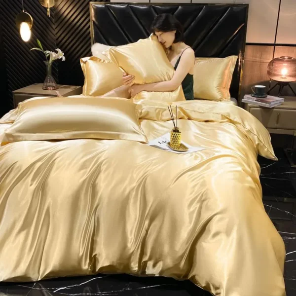 Solid Rayon Silk Bedding Set with Duvet Cover Bed Sheet Pillowcases Luxury King Single Double Couple Satin Pillow Case Bedsheet - Image 2