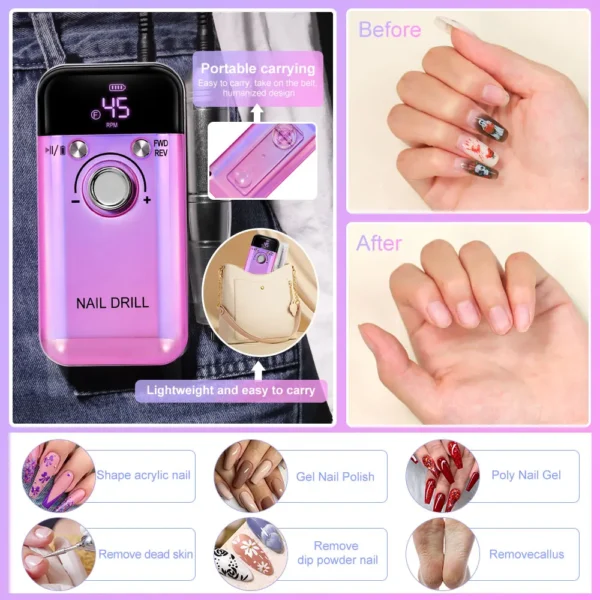 45000RPM Rechargeable Electric Nail Drill Machine Professional Nail Drills for Gel Nails Polish Portable Nail File Manicure Tool - Image 3