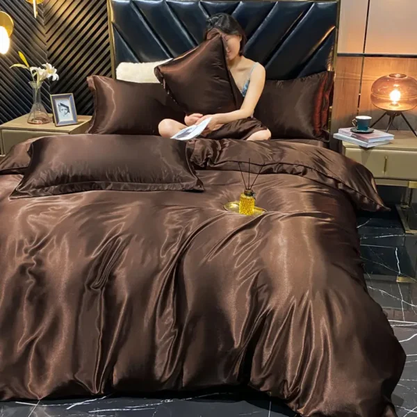 Solid Rayon Silk Bedding Set with Duvet Cover Bed Sheet Pillowcases Luxury King Single Double Couple Satin Pillow Case Bedsheet - Image 4