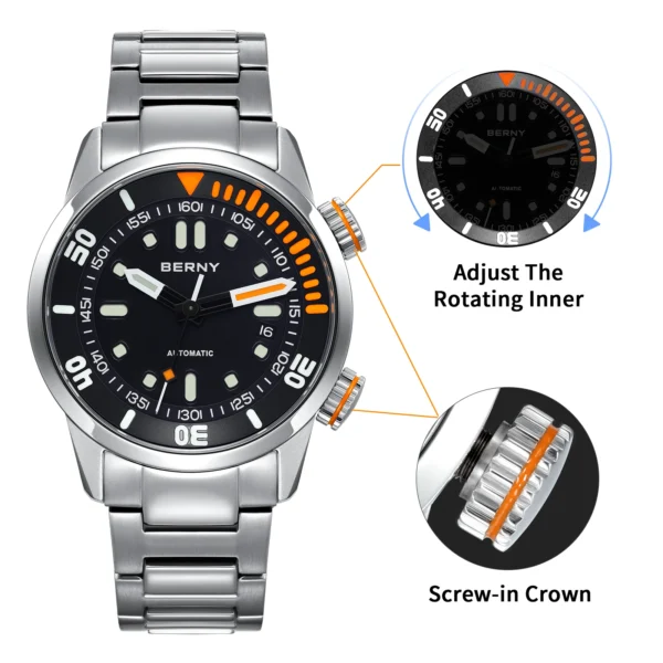 BERNY Automatic Dive Watch for Men Super Luminous Original Design 20ATM Man Wristwatch Sapphire Swim Sport Mechanical Male Watch - Image 5