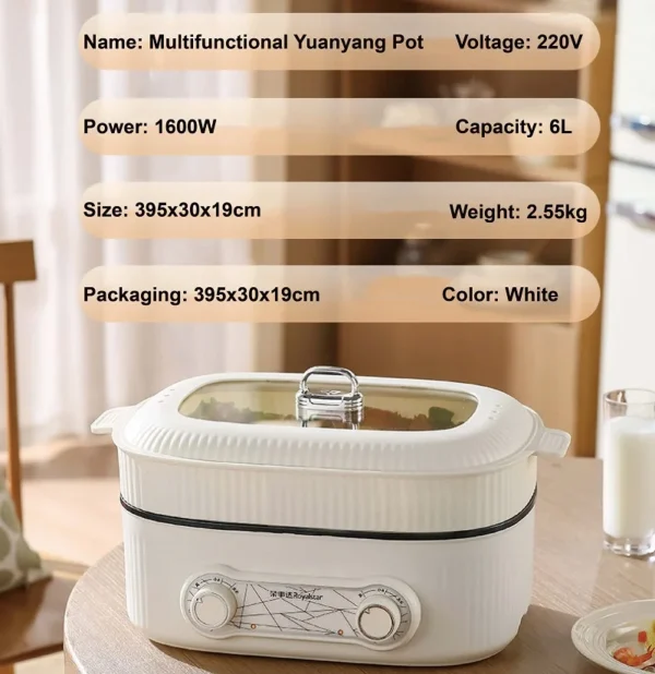 220V 6L Large Capacity Yuanyang Electric Hot Pot Multi-function Pot Non-stick Frying Pan Electric Cooking Pot Kitchen Tools - Image 6