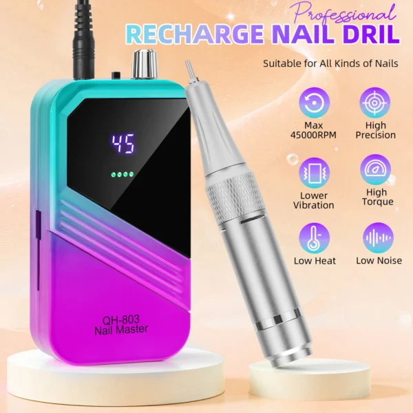 45000 RPM portable electric drill nail machine, nail grinding machine, acrylic gel polishing machine rechargeable polishing tool - Image 2