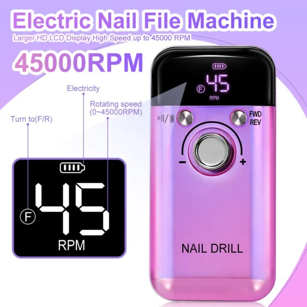 45000RPM Rechargeable Electric Nail Drill Machine Professional Nail Drills for Gel Nails Polish Portable Nail File Manicure Tool - Image 2