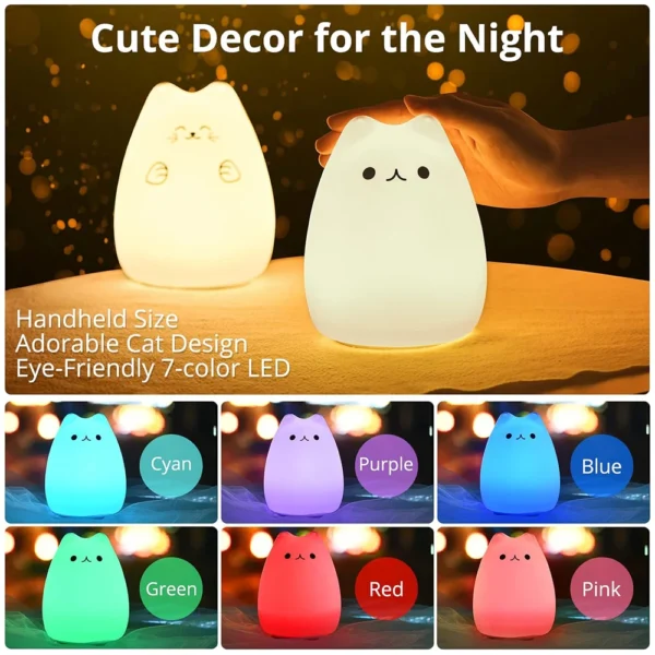 Cute Cat Night Light 7 Colors Silicone Nursery Cat Lamp for Kids Tap Control Energy Saving LED Lamp Cute Gifts for Girls Boys - Image 2