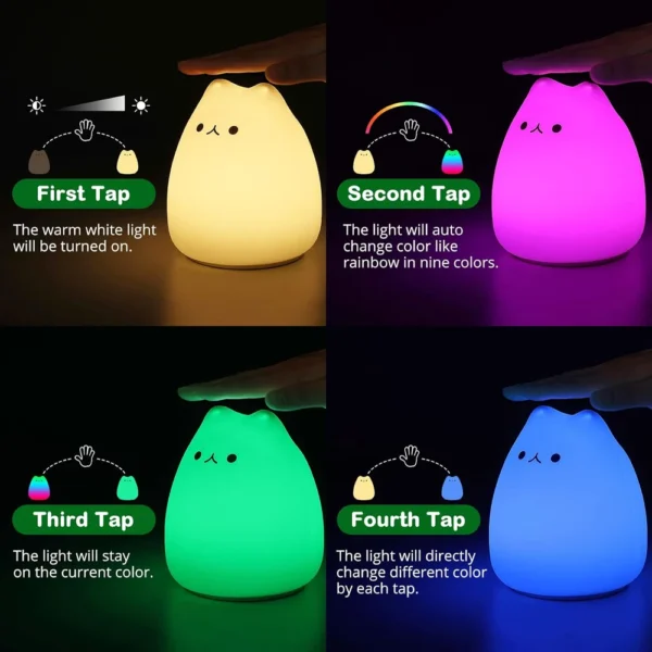 Cute Cat Night Light 7 Colors Silicone Nursery Cat Lamp for Kids Tap Control Energy Saving LED Lamp Cute Gifts for Girls Boys - Image 6