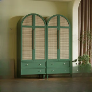 Dark green rattan wardrobe bedroom arched double door high wardrobe home