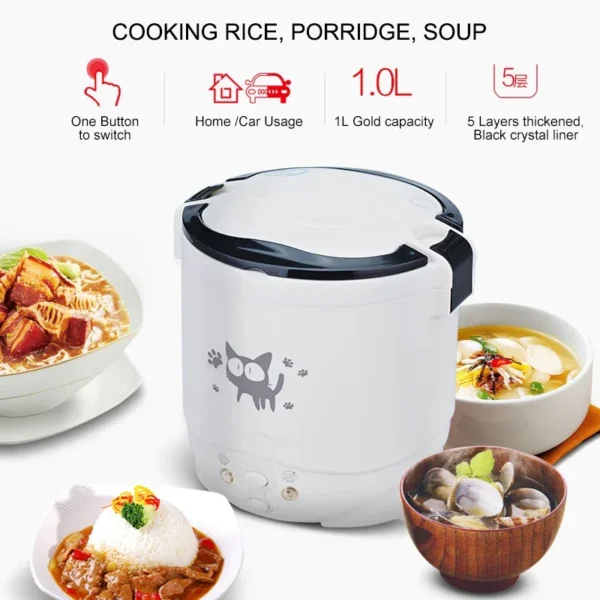 1L Car Mini Rice Cooker Multi-function Electric Water Food Heater Machine Lunch Box Warmer 2 Persons For Home Car SUV Truck - Image 3