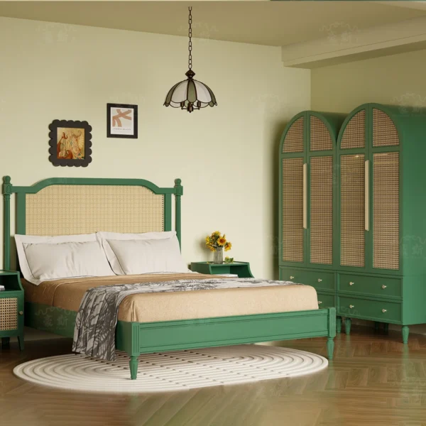 Dark green rattan wardrobe bedroom arched double door high wardrobe home - Image 2