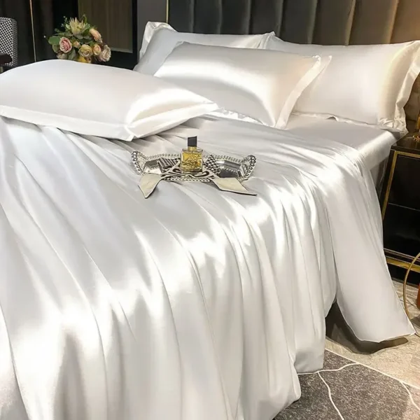 Nordic Silk Bedding Set with Duvet Cover Bed Sheet Pillowcase Luxury Couple Single Double Summer 1/2 People Solid Bedsheet - Image 4