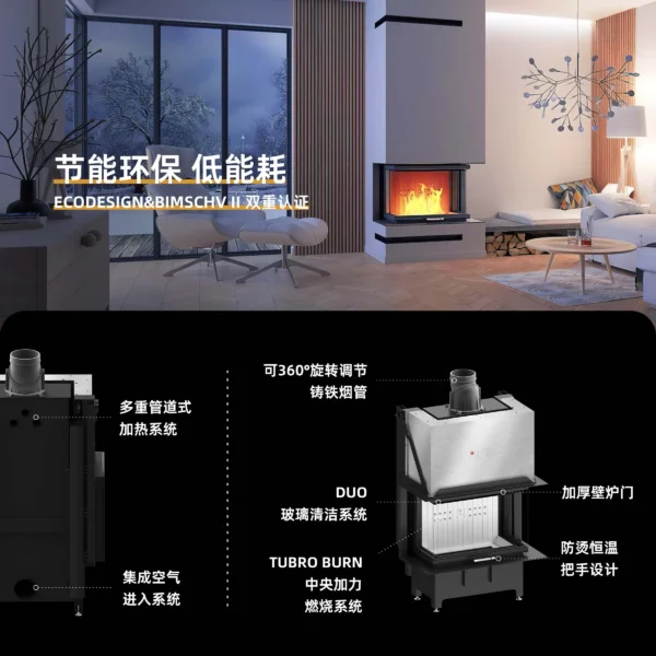 Wood burning fireplace villa indoor real fire wood heating stove household embedded three-sided view fire - Image 3