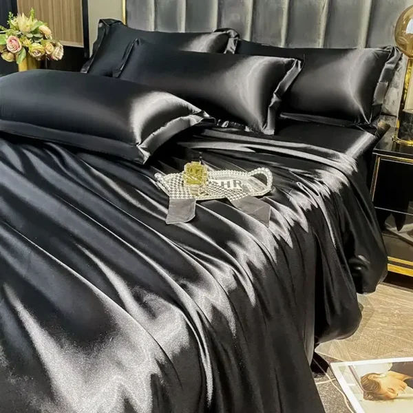 Nordic Silk Bedding Set with Duvet Cover Bed Sheet Pillowcase Luxury Couple Single Double Summer 1/2 People Solid Bedsheet - Image 3