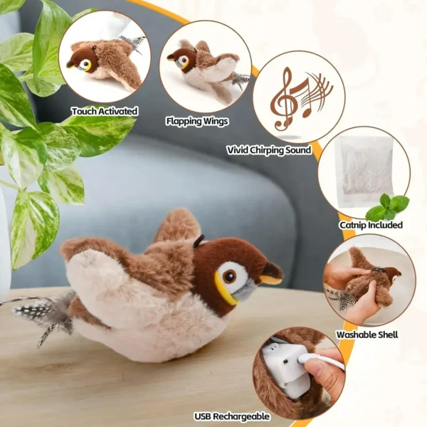 Hot Cat Interactive Toys Catnip Electric Pat Bird (with Catnip) Dog Cats Touch-Activated Squeaky Plush Toy Pet USB Rechargeable - Image 5