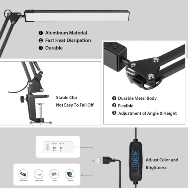 BLED Desk Lamp,Adjustable Metal Swing Arm Desk Lamp withClamp,EyeCaring Architect Desk Light,3 Color Modes with Memory Function - Image 3