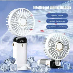 Portable Neck Hanging USB Mini Fan Foldable 5 Speed Rechargeable Handheld with Phone Stand Display Screen