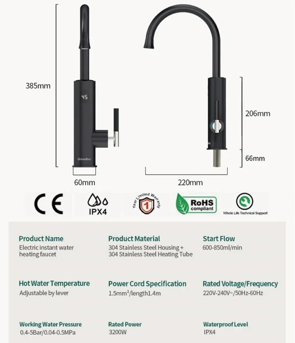 220V Home Electric Water Heater Flowing Heater 3200W Kitchen Faucet 2 in 1 Tap Tankless Water Heating Mixer Electric Geyser - Image 5