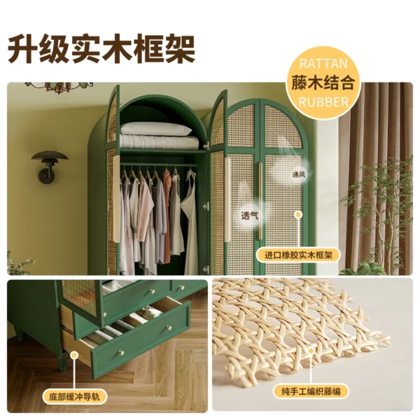 Dark green rattan wardrobe bedroom arched double door high wardrobe home - Image 4