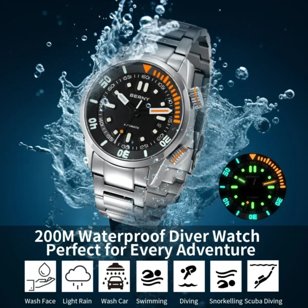 BERNY Automatic Dive Watch for Men Super Luminous Original Design 20ATM Man Wristwatch Sapphire Swim Sport Mechanical Male Watch - Image 4