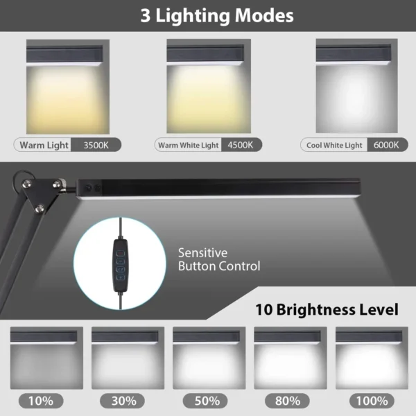 BLED Desk Lamp,Adjustable Metal Swing Arm Desk Lamp withClamp,EyeCaring Architect Desk Light,3 Color Modes with Memory Function - Image 4