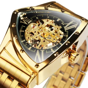 WINNER Automatic Men Luxury Gold Skeleton Mechanical Stainless Steel Strap Sports Wristwatch