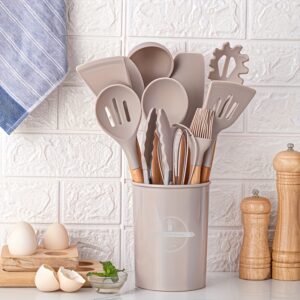 Silicone kitchen set with wooden handle-6/12 cooking tools, includes non-stick spatula, spoon, ladle, whisk and holder-perfect for baking and cooking-perfect for Christmas, Halloween, Easter, Hanukkah and thanksgiving